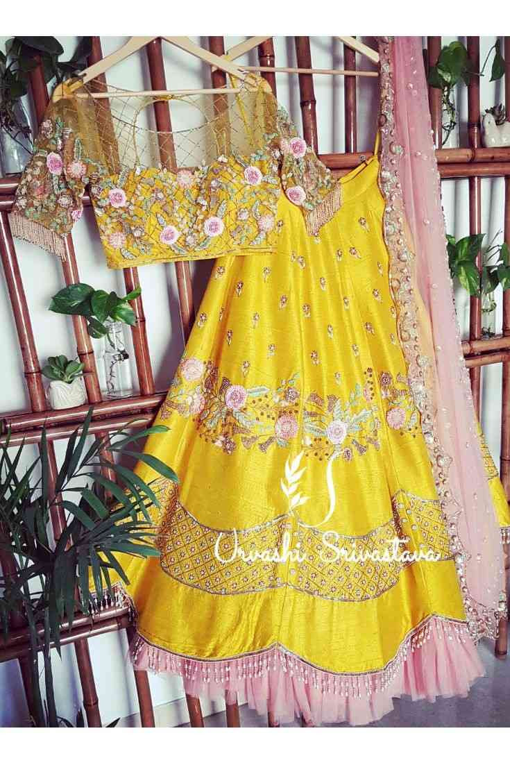 Yellow Malay Satin Embroidery With Net Jalar And Moti Latkan Lehenga Choli