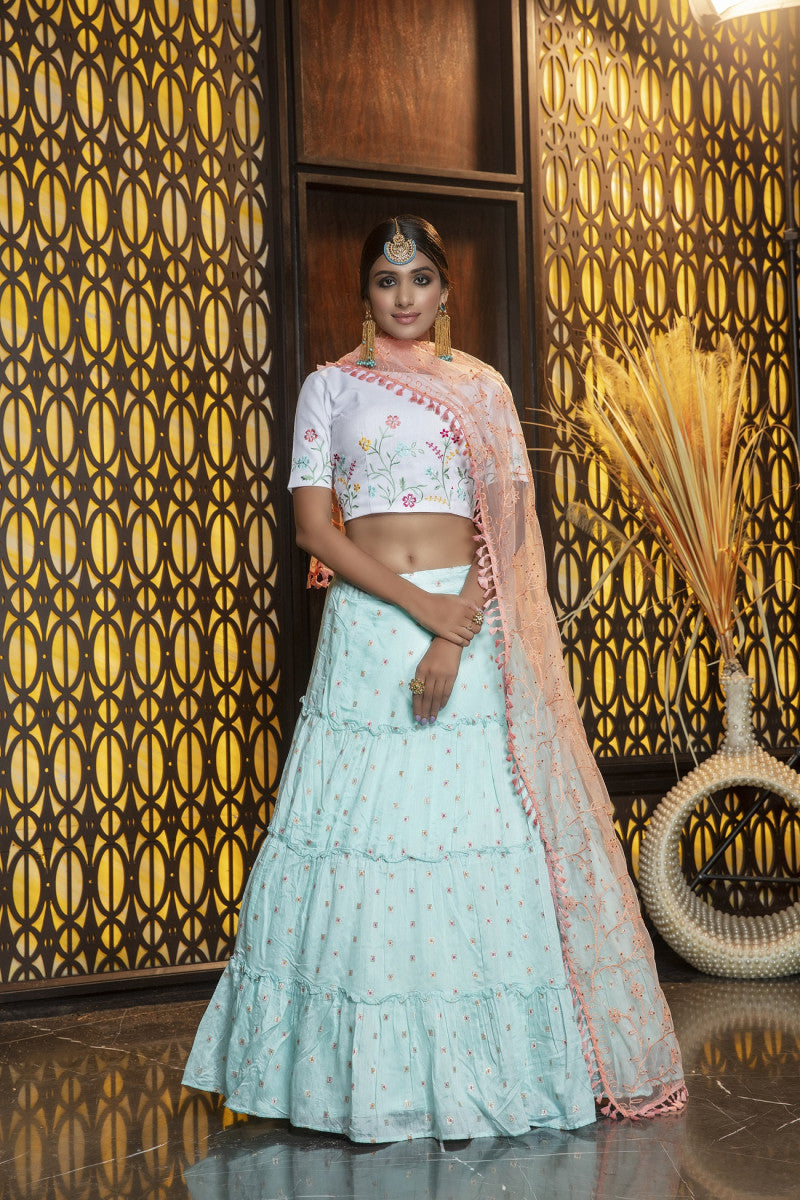 Sky Blue Color Cotton Extra Ordinary Luxuriant Lehenga Choli