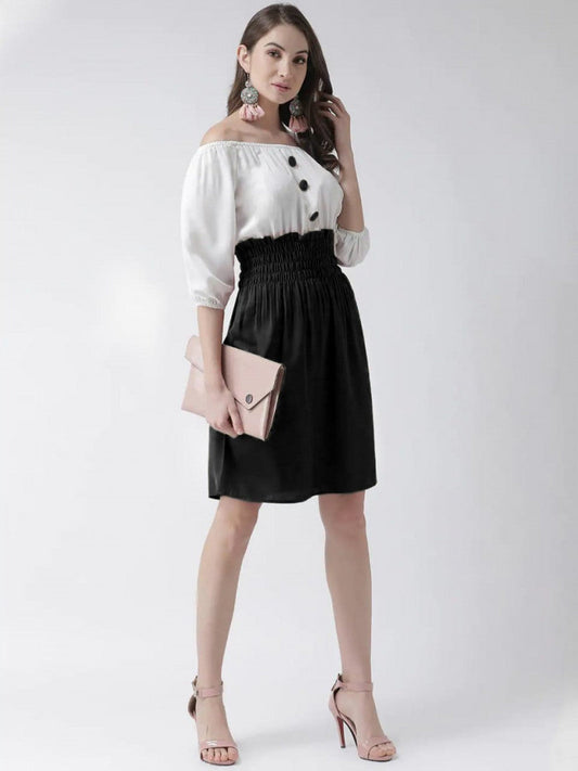 Women White & Black Solid Top with Skirt