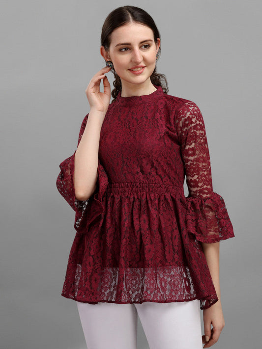 Online Red Color Bell Sleeve Lace Top