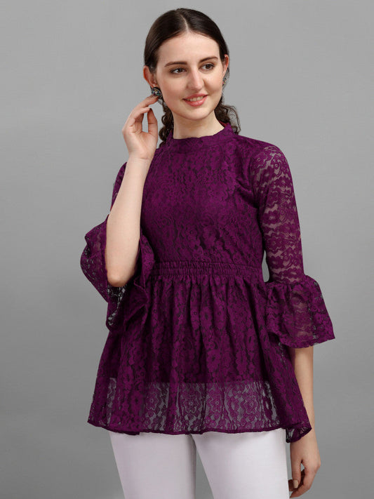 Online Wine Color Bell Sleeve Lace Top