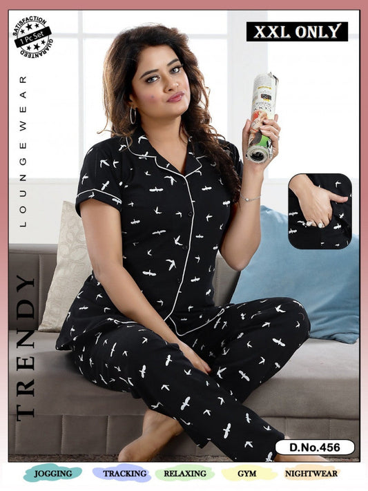 Birds Printed Black Color Hosiery Shirt & Pyjama Set