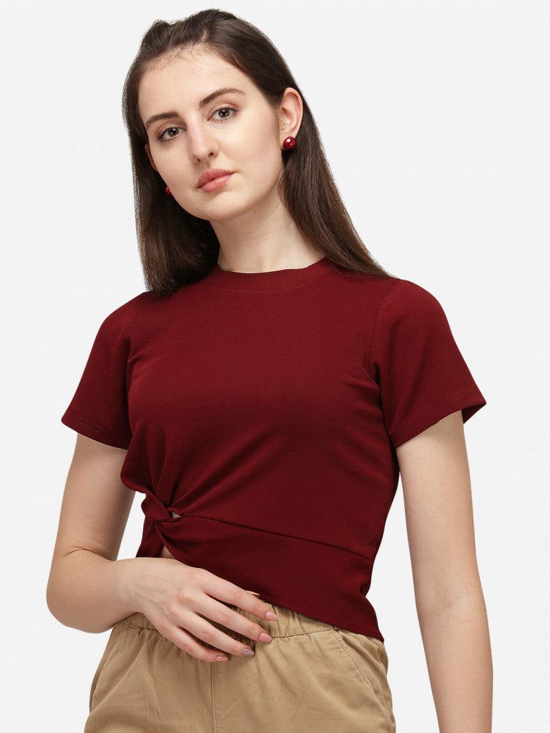 Dreamy Maroon Color Short Sleeve Crop Top