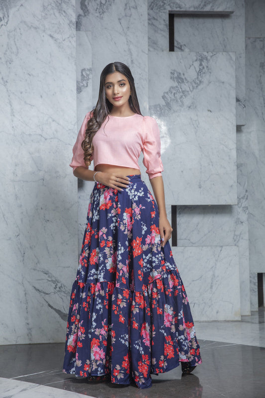 Precious Trending Maroon Printed Lehenga Crepe Crop Top With Baby Pink Top