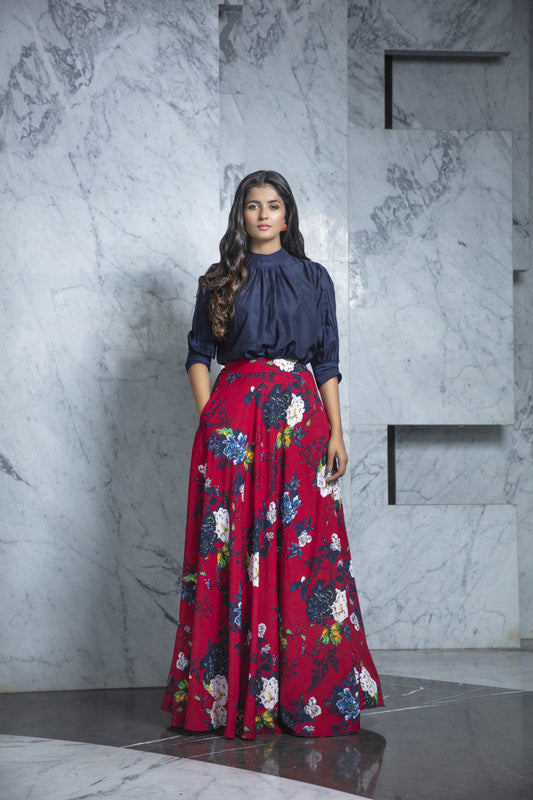 Precious Trending Maroon Printed Crepe Indo Western Skirt With Navy Blue Top