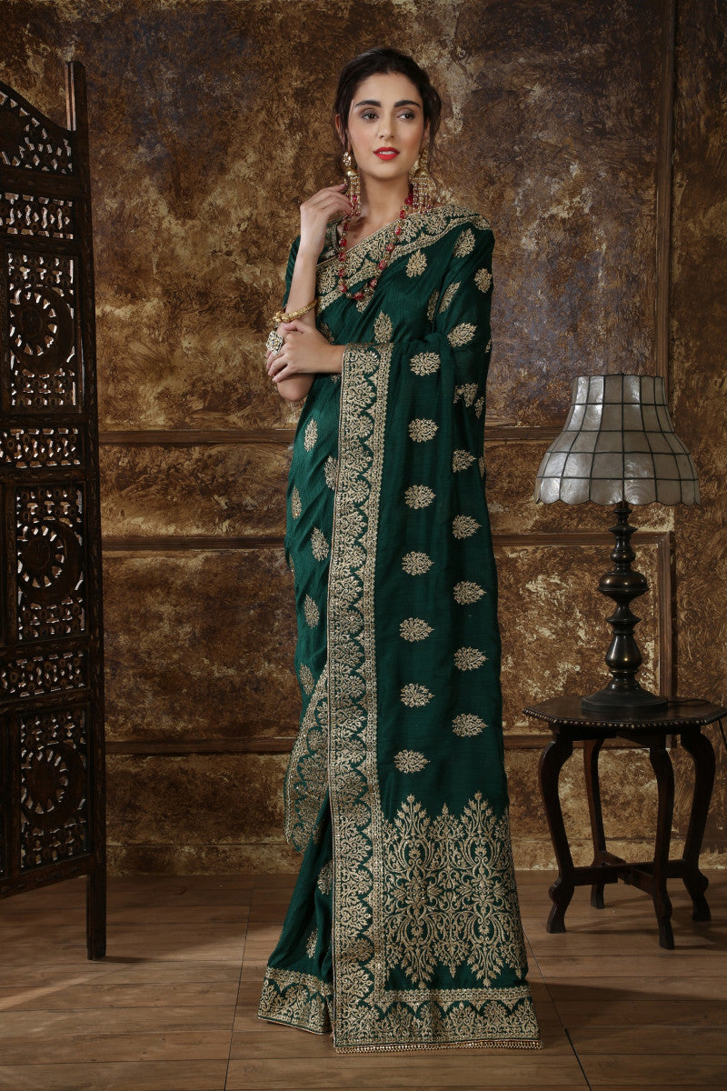 Adorable Dark Green Silk Full Embroidery And Stone Work Wedding Wear Saree