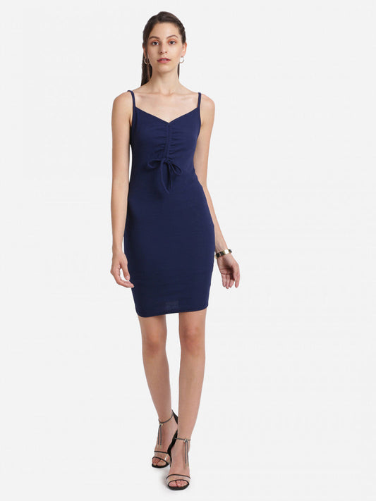 Shoulder-Strap Navy Blue Color Sheath Dress