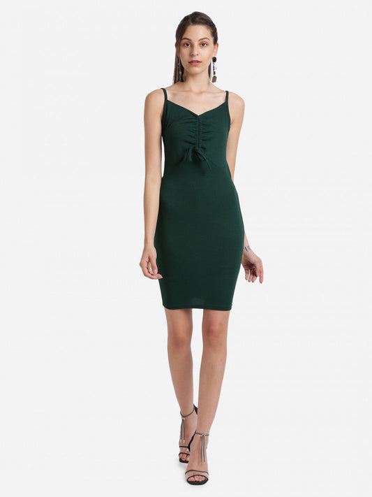 Shoulder-Strap Green Color Sheath Dress