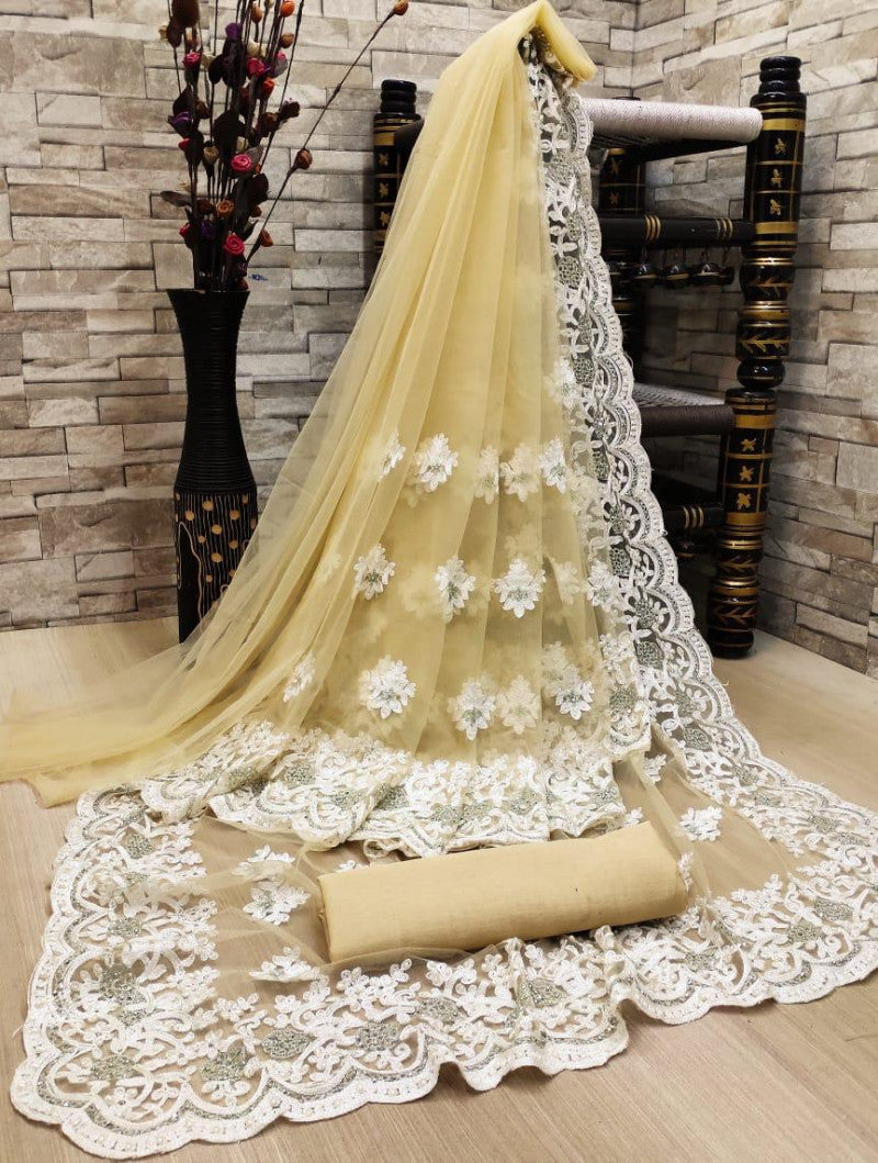 Beautiful Cream Color Heavy Trendy Saree