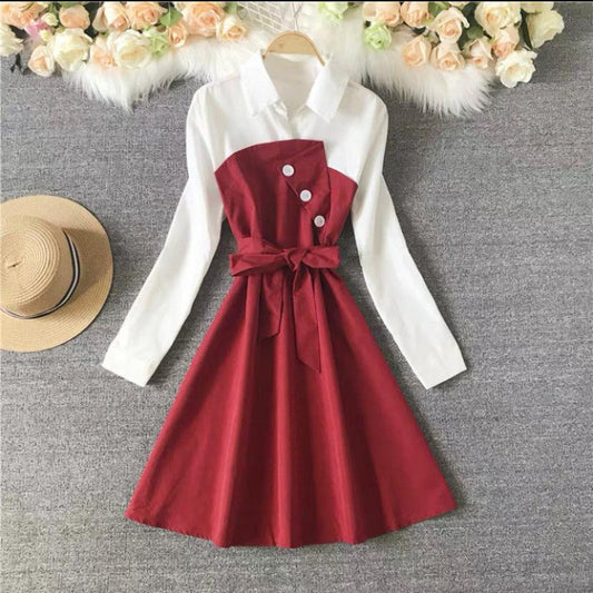 Beautiful Collar Midi Dress in Red And White Color