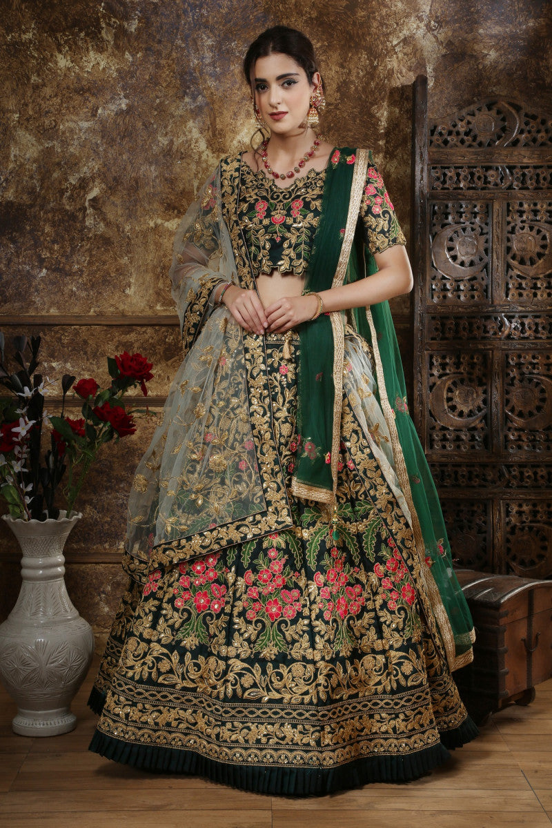 Precious Trending Green Color Taffeta Satin Bridal Lehenga Choli