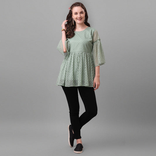 Fabulous Dusty Green Color Net Tunic Top