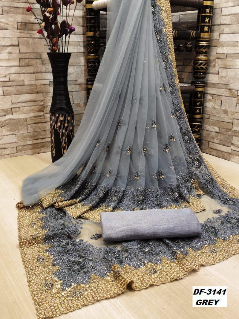 Precious Trending Grey Color Heavy Trendy Net Saree