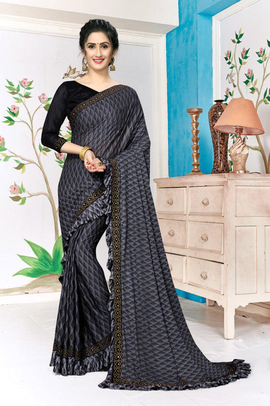 Bewitching Grey Lycra Blend Diamond Lace Indian Bridal Saree