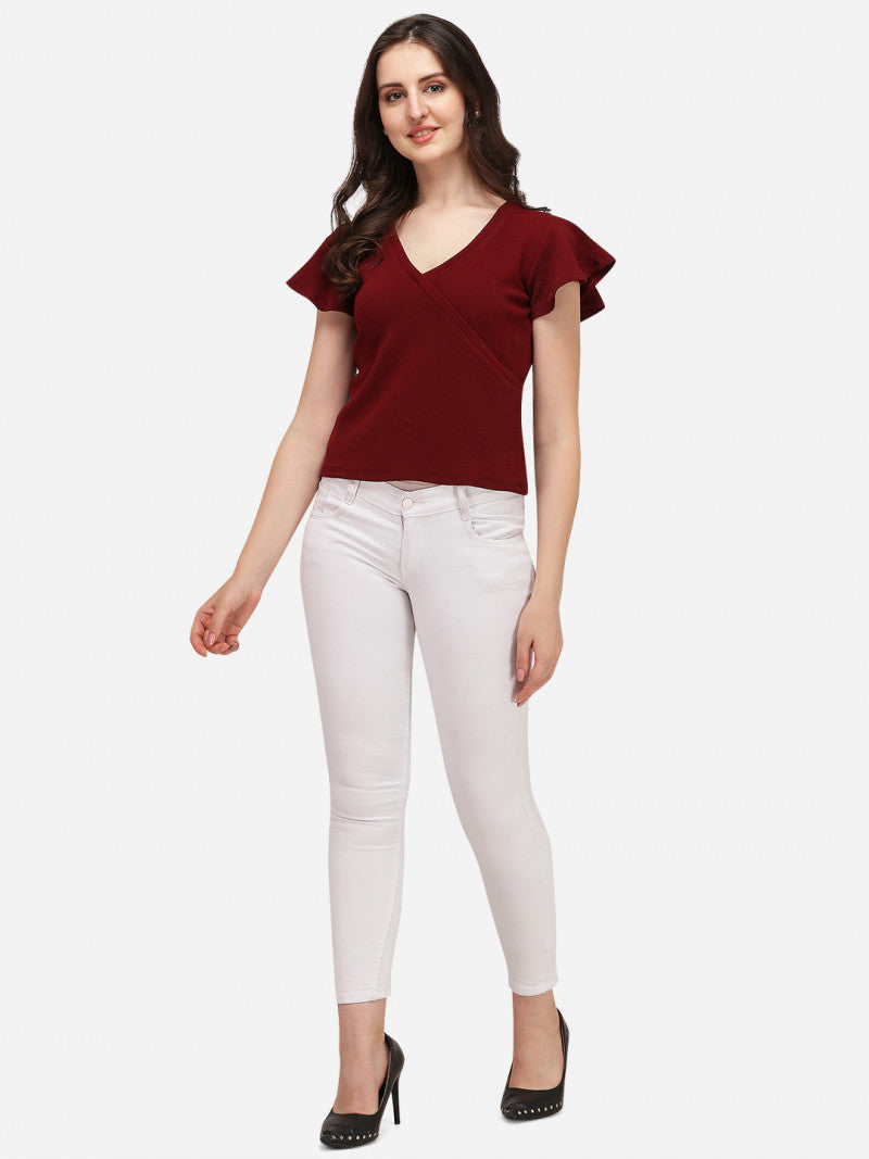 Maroon Color V-neck T-shirt For Women