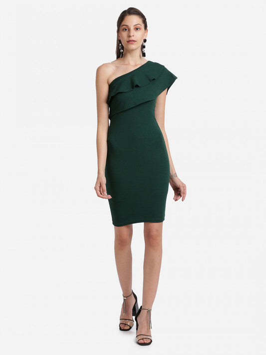 One-Shoulder Ruffled Slit Green Color Mini Dress