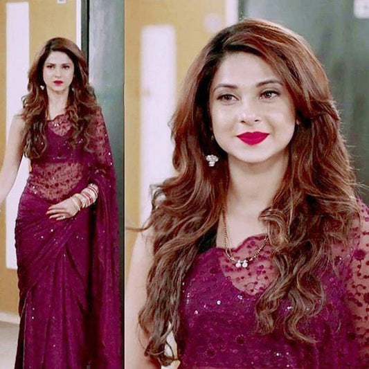 Jennifer Winget Wine Heavy Embroidery Sequin Saree