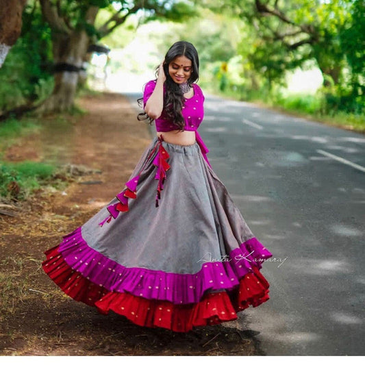 Precious Trending Grey Pink Color Ruffle Lehenga Choli