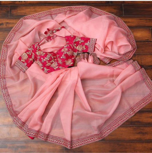 Beautiful Online Pink Color Organza Saree