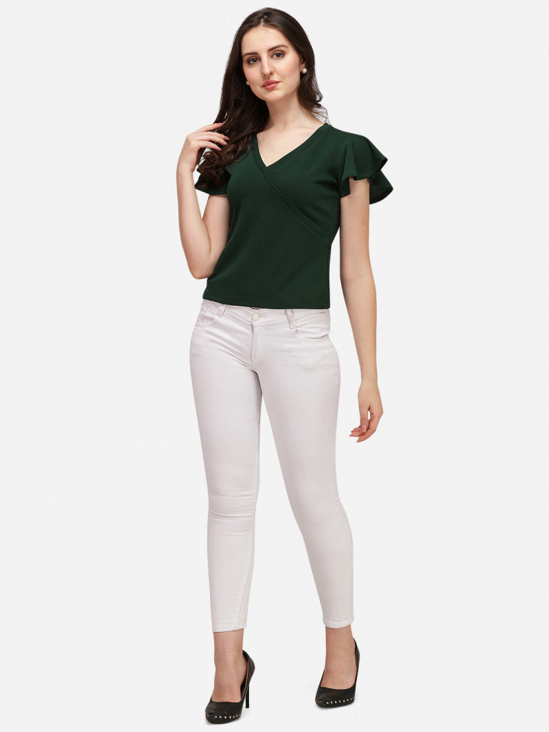 Green Color V-neck T-shirt For Women