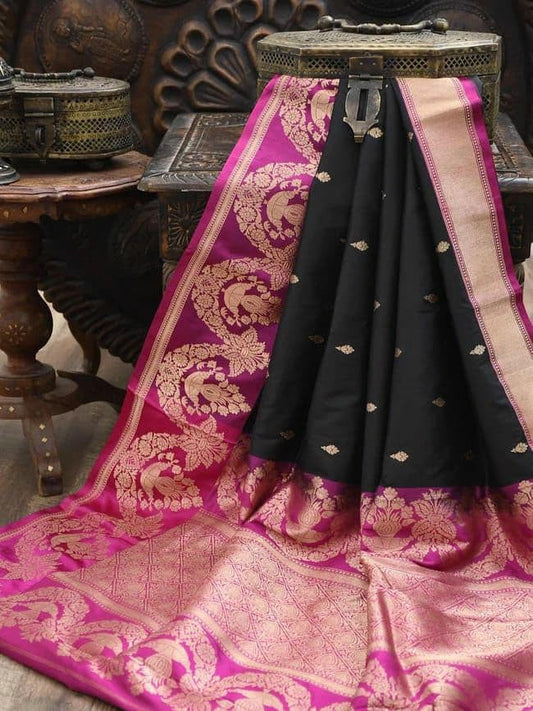 Unique Black Color Lichi Silk Banarasi Silk Saree