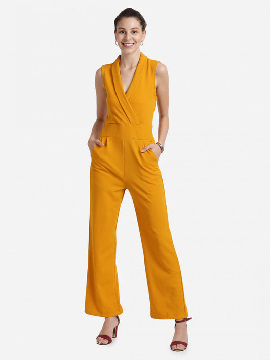 Sleeveless V-Neck Mustard Color Solid Basic Jumpsuit