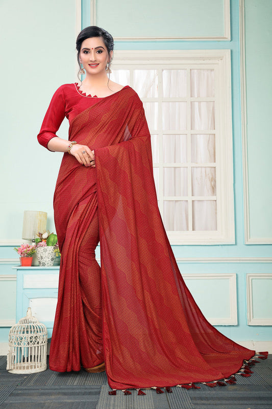 Stunning Red & Golden Dot Printed Red Lycra Extra Ordinary Saree