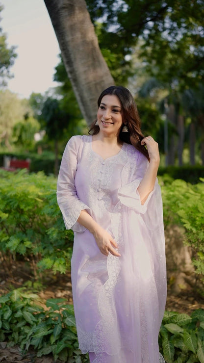 Parisa Barkzi in Kesar - Lavender Embroidered Suit Set.