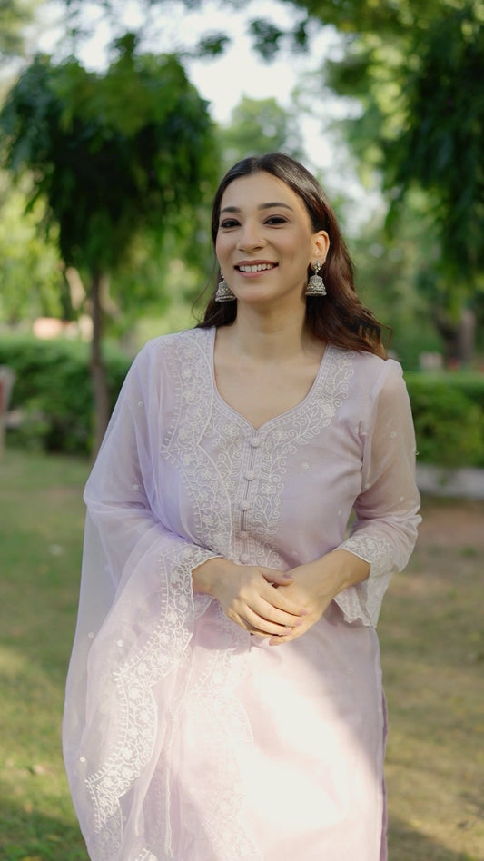 Parisa Barkzi in Kesar - Lavender Embroidered Suit Set.