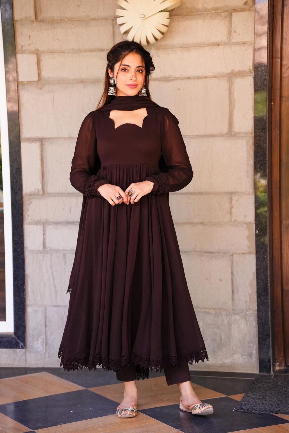Brown Full Sleeved Anarkali Suit With Lace Borders For Women