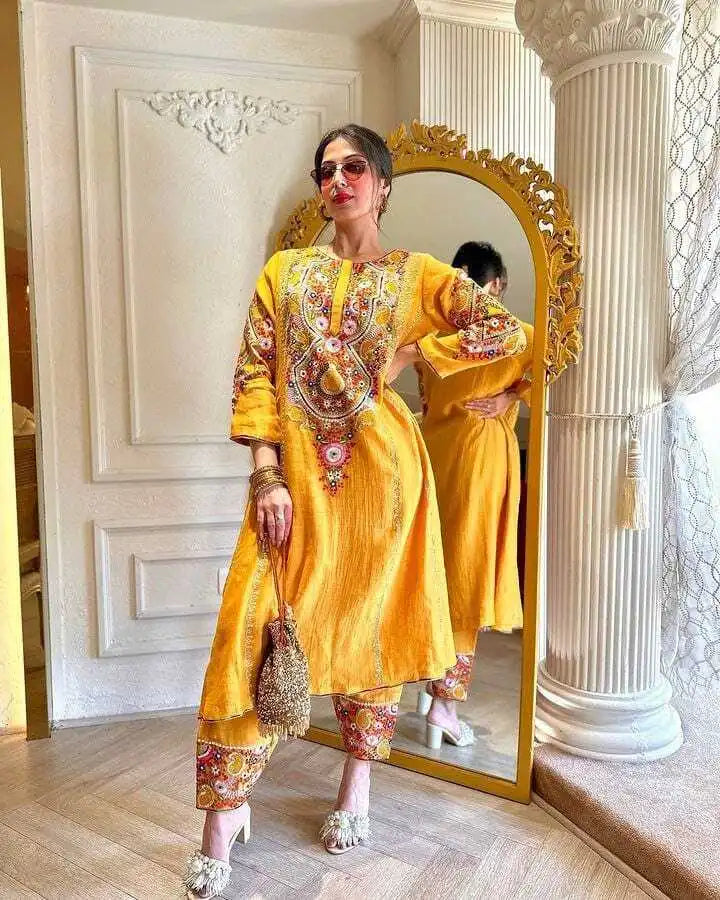 Yellow Embroidery Work Parampara Silk Pant Style Salwar Suit