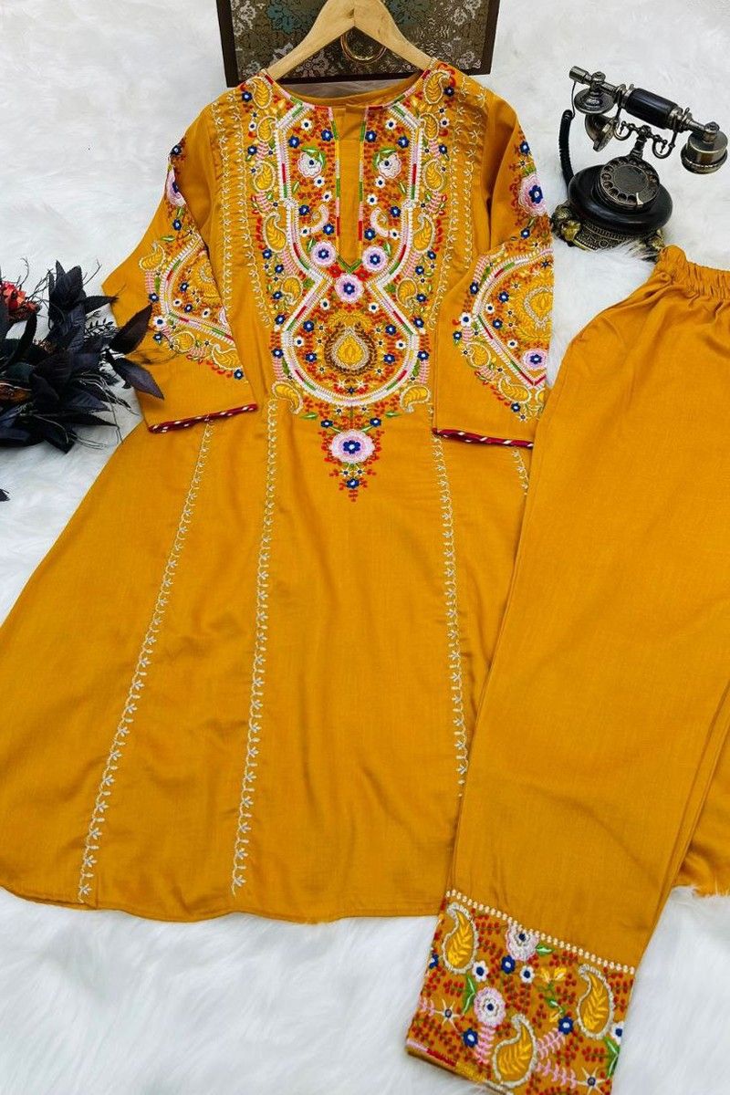 Yellow Embroidery Work Parampara Silk Pant Style Salwar Suit