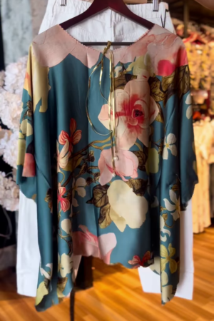 Women’s Teal Floral Tie-Neck Blouse with White Pants – Vibrant Boutique-Style Casualwear