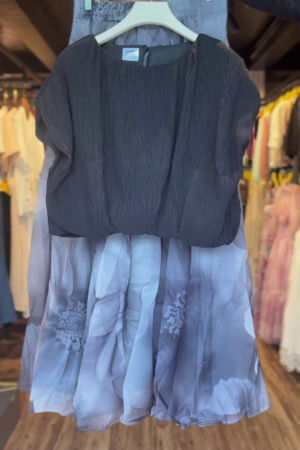 Women’s Black Textured Top with Gray Floral Sheer Skirt – Contemporary Boutique Layered Look