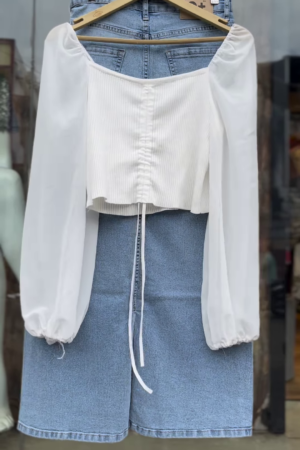 Women’s White Ruched Tie-Front Blouse with Sheer Sleeves & High-Waist Light Blue Denim Shorts – Summer Casual Co-Ord Set