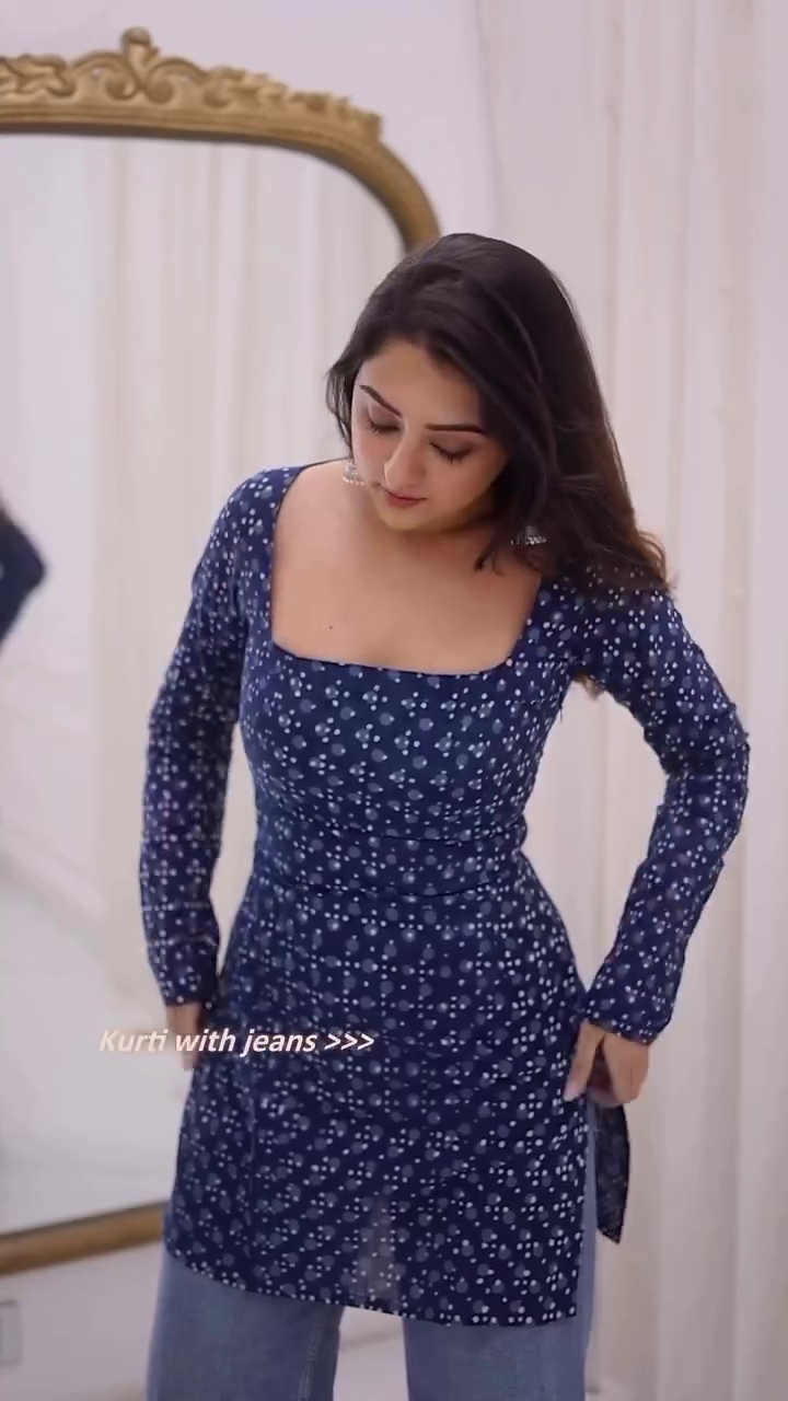 Navy Blue Printed Kurti with Jeans - Image 2