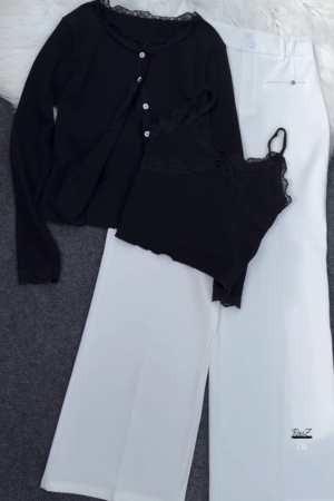 Grey Lace-Trimmed Knit Top & White Pants Co-ord Set