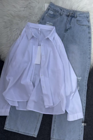 Women’s Casual Layered Outfit – White Tank, Black Button-Up Shirt & Distressed Light-Wash Jeans