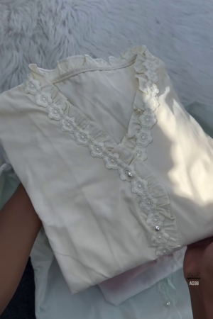 Women’s Lace-Trimmed V-Neck Blouse with Pearl Buttons