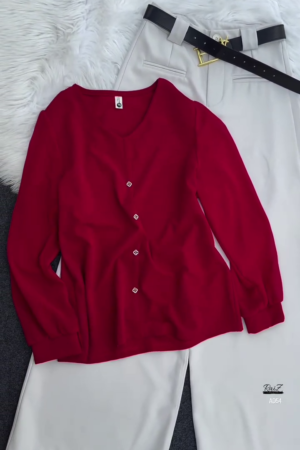 Olive Green Button-Down Blouse & Cream Wide-Leg Trousers Set