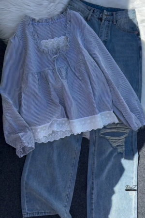 Pink Striped Ruffle Blouse with Distressed Denim Jeans Set