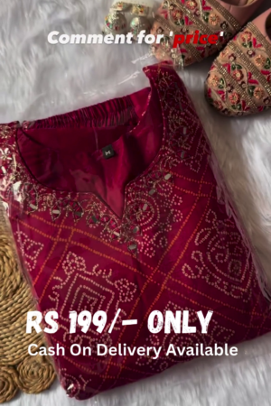 Maroon Bandhani Print Long Kurta with Golden Embellishments