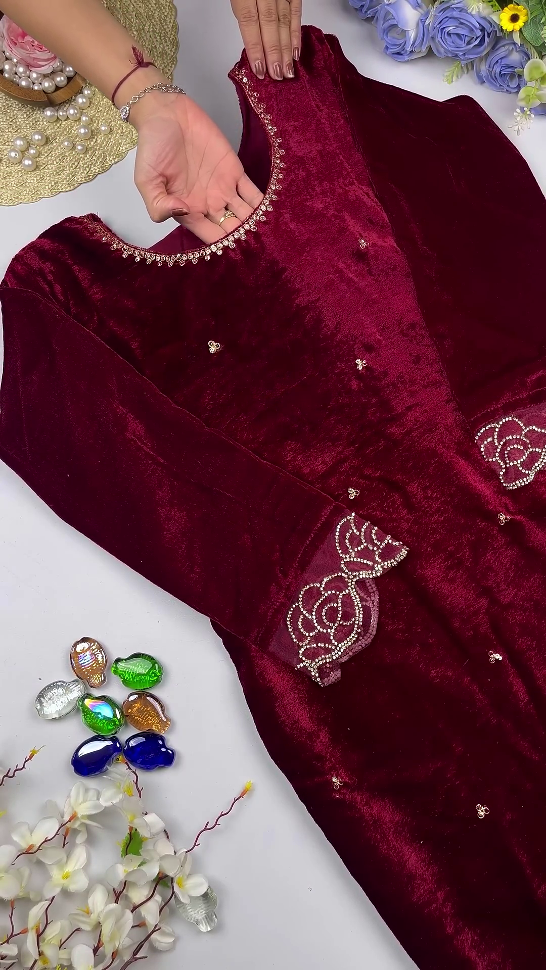 Premium Velvet Maroon Embellished Designer Kurti / Gown - Image 2
