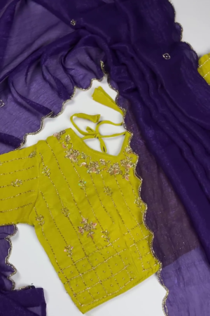 Premium Mustard Embroidered Blouse with Elegant Purple Dupatta Set