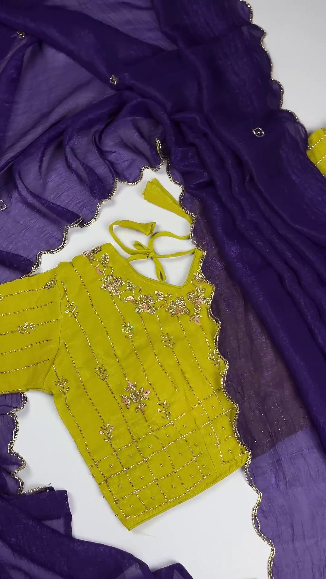 Premium Mustard Embroidered Blouse with Elegant Purple Dupatta Set