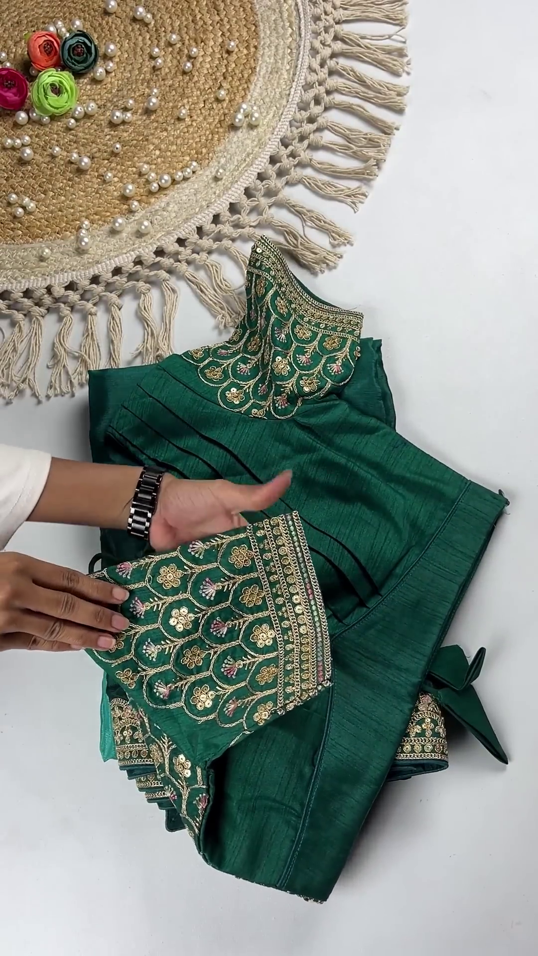 Premium Bottle Green Heavy Embroidered Designer Blouse with Dupatta Set - Image 3