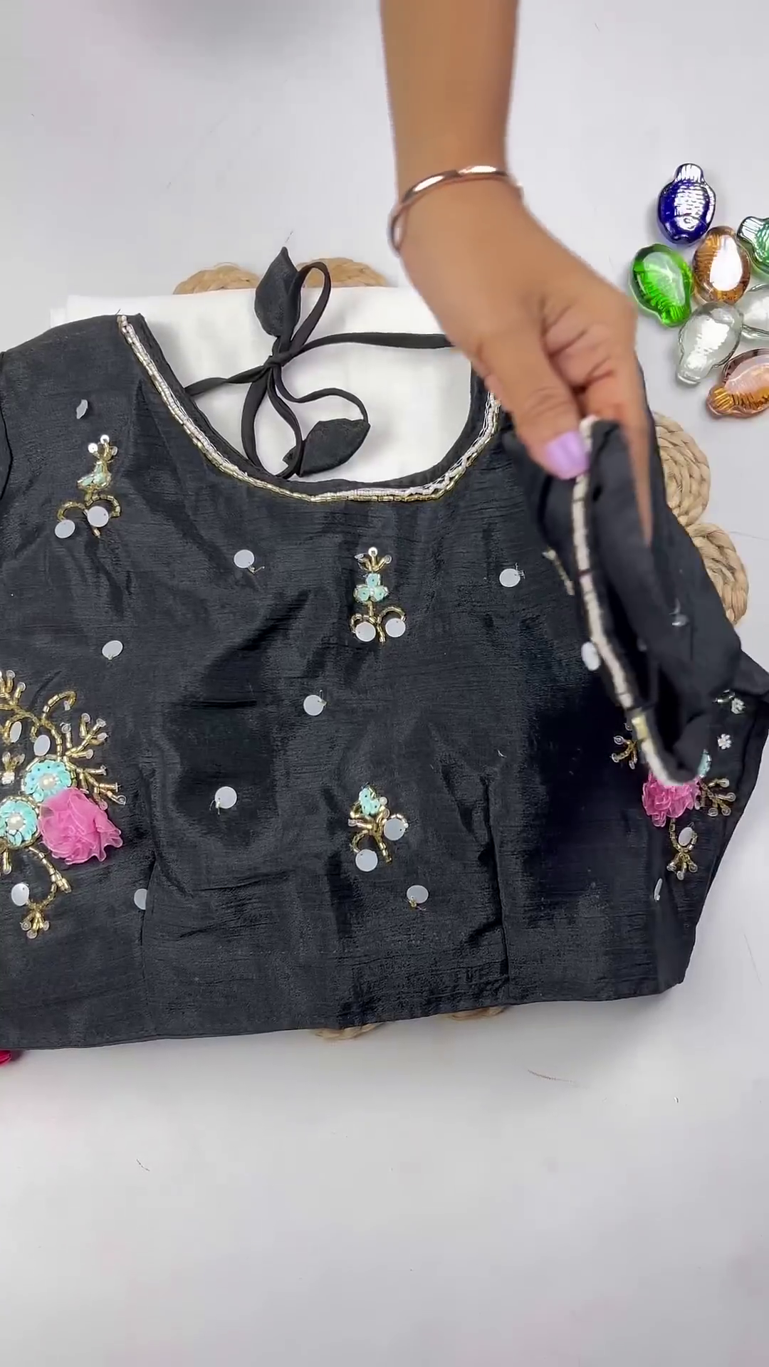 Midnight Black Floral Hand-Embellished Designer Blouse with Pearl Accents