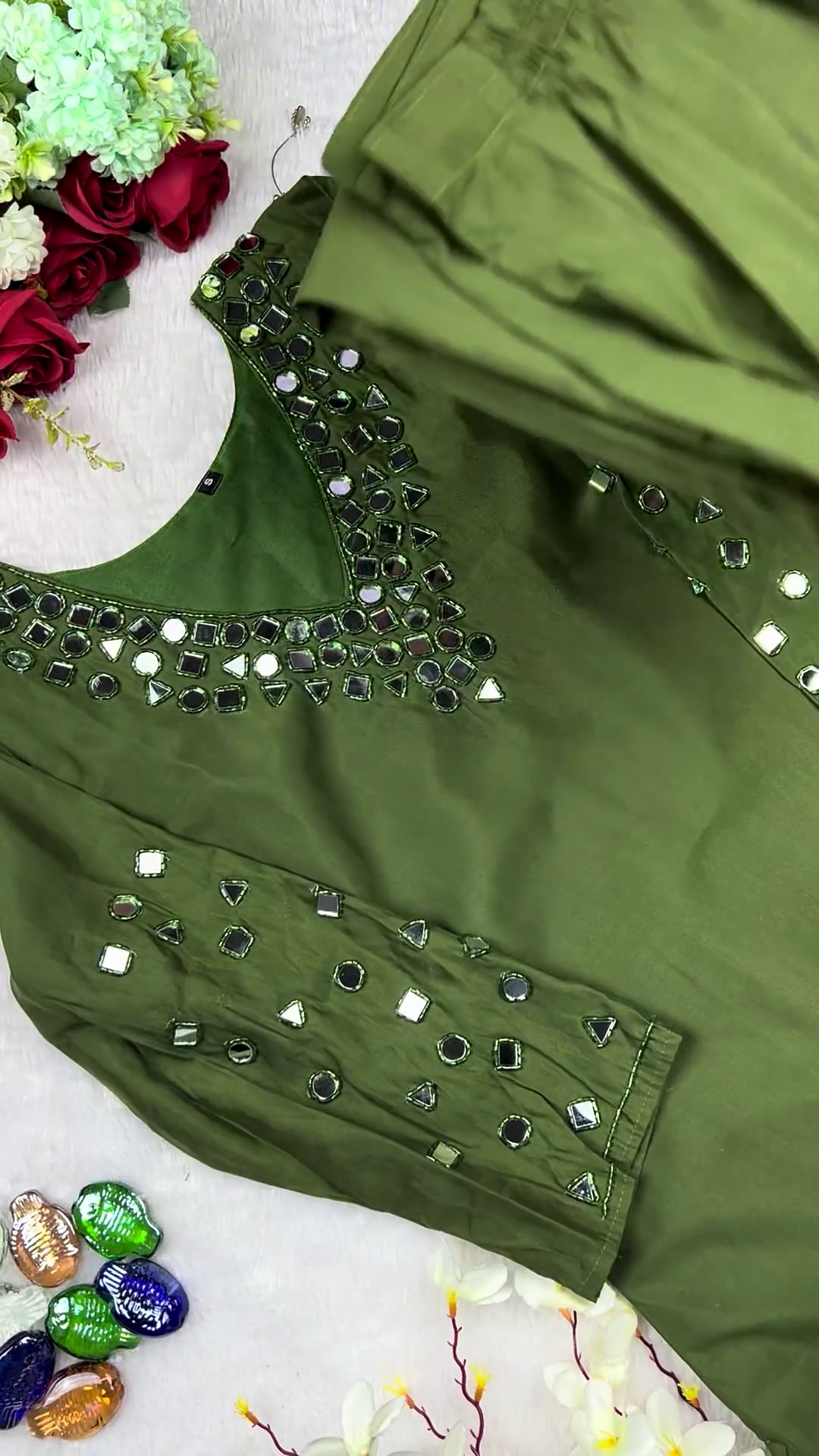 Forest Green Mirror-Work Designer Kurti - Image 2