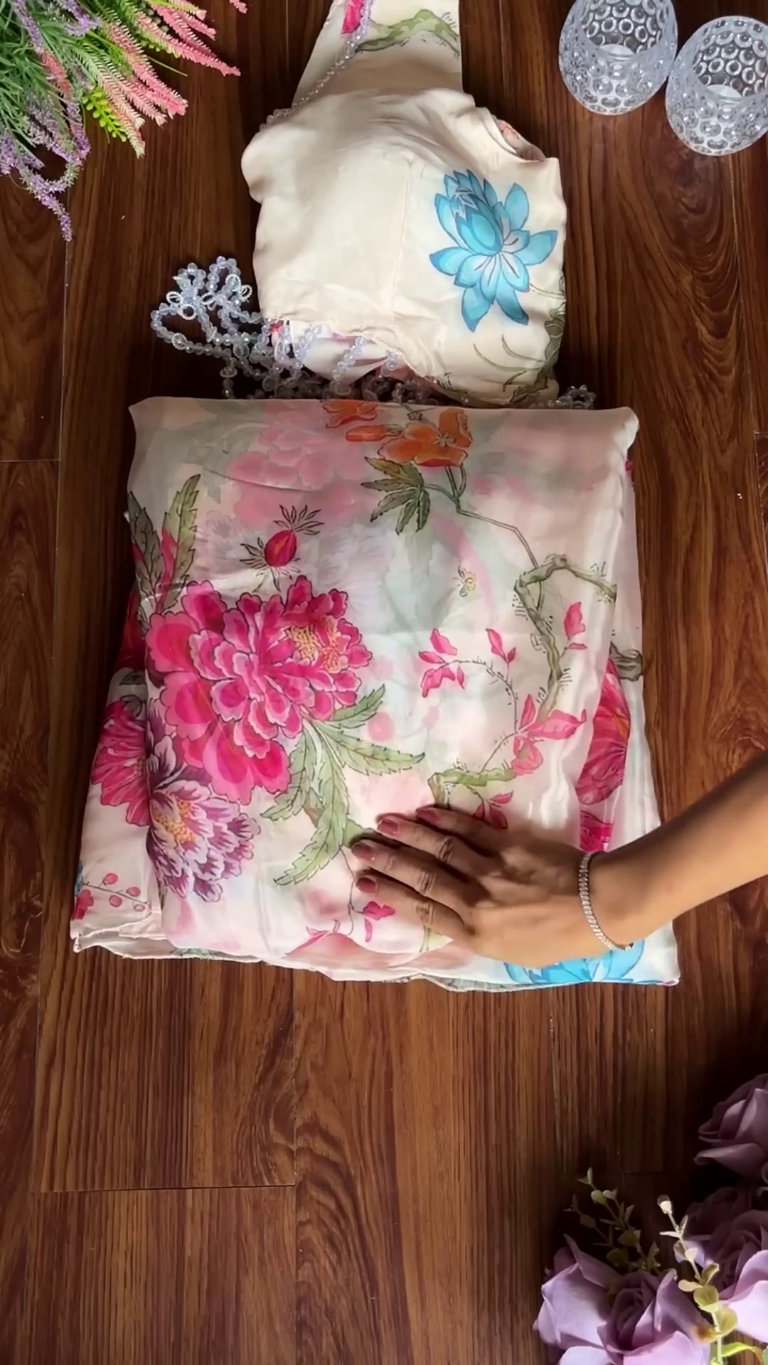 Blooming Cream Floral Print Designer Lehenga Choli Set with Pearl Accents