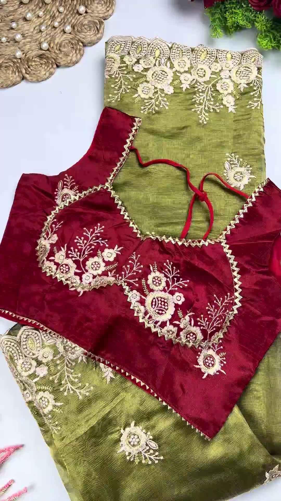Royal Maroon Heavy Embroidered Designer Blouse with Olive Green Saree Set - Image 2